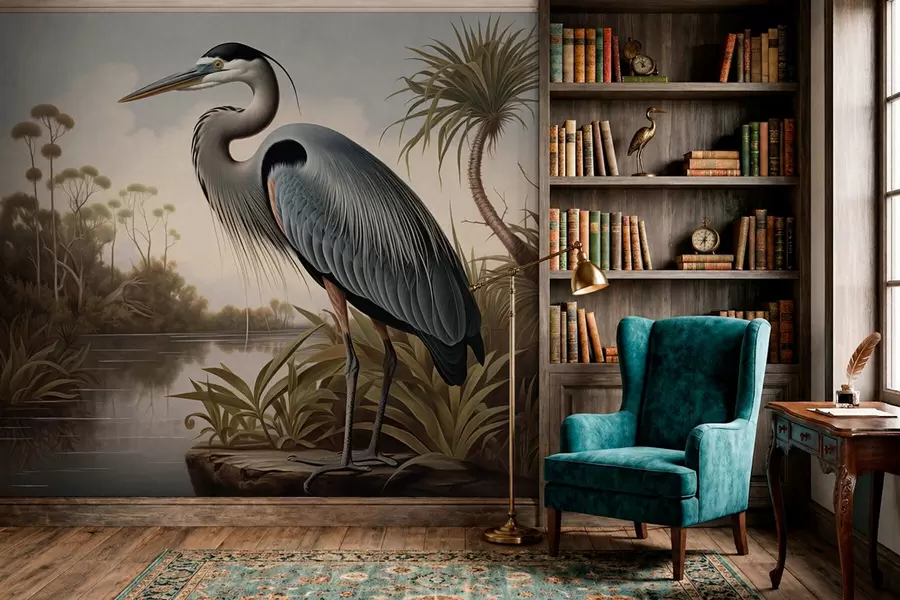 Papier peint Un héron près de l'eau, parmi les plantes du rivage w05572