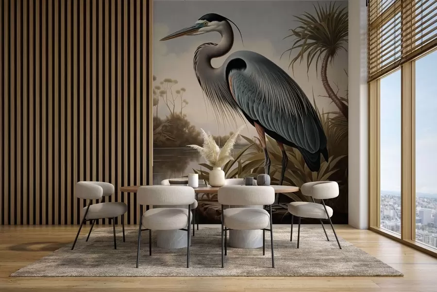 Papier peint Un héron près de l'eau, parmi les plantes du rivage w05572