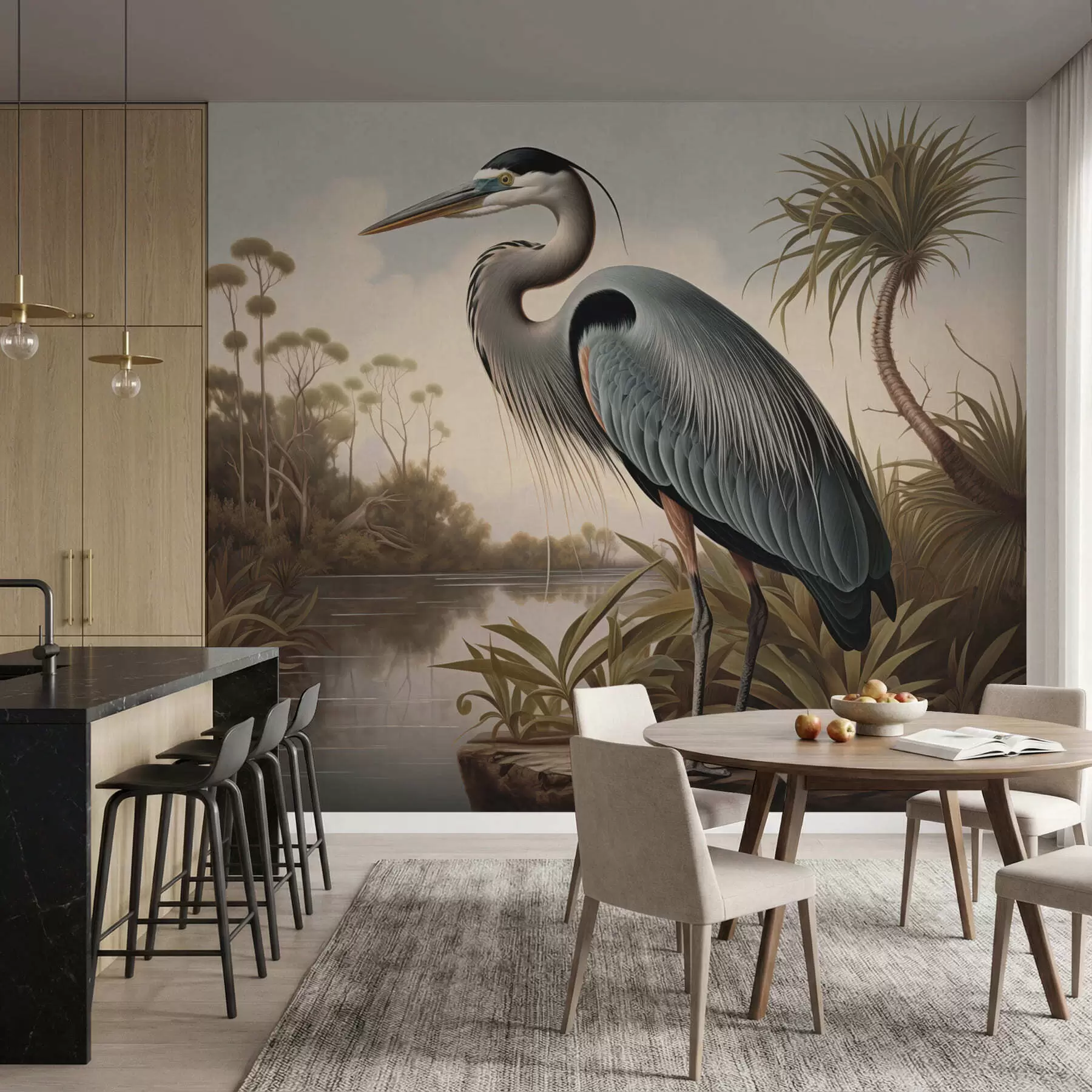 Papier peint Un héron près de l'eau, parmi les plantes du rivage w05572