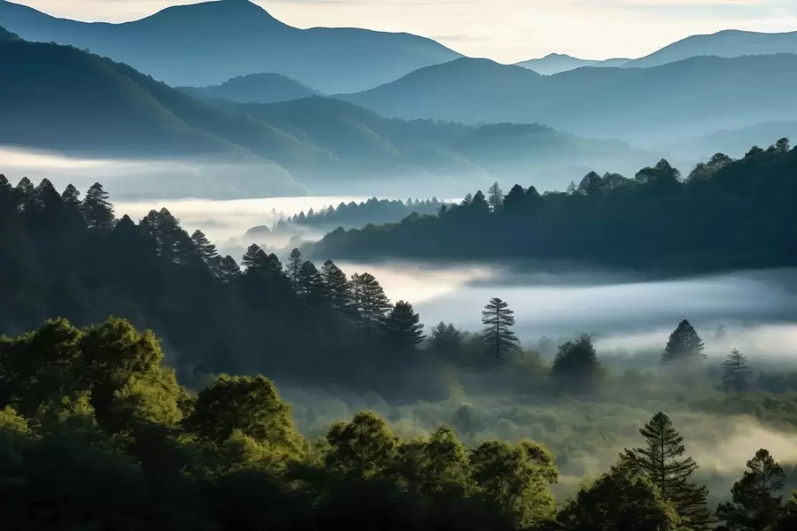Papier peint Paysage de montagne avec brume et forêts à l'aube w05573