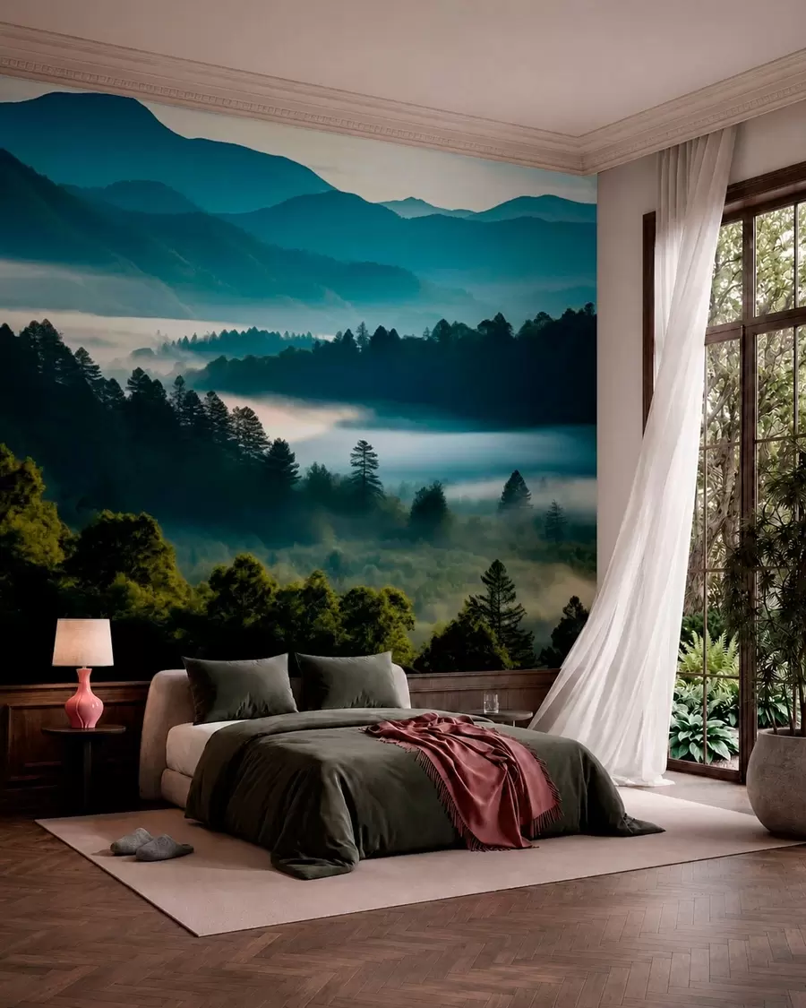 Papier peint Paysage de montagne avec brume et forêts à l'aube w05573