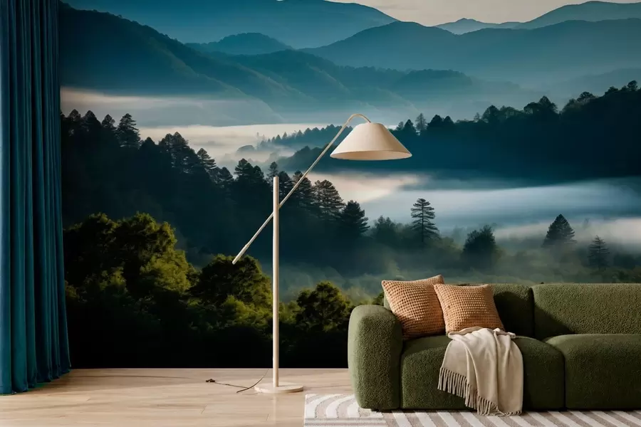 Papier peint Paysage de montagne avec brume et forêts à l'aube w05573