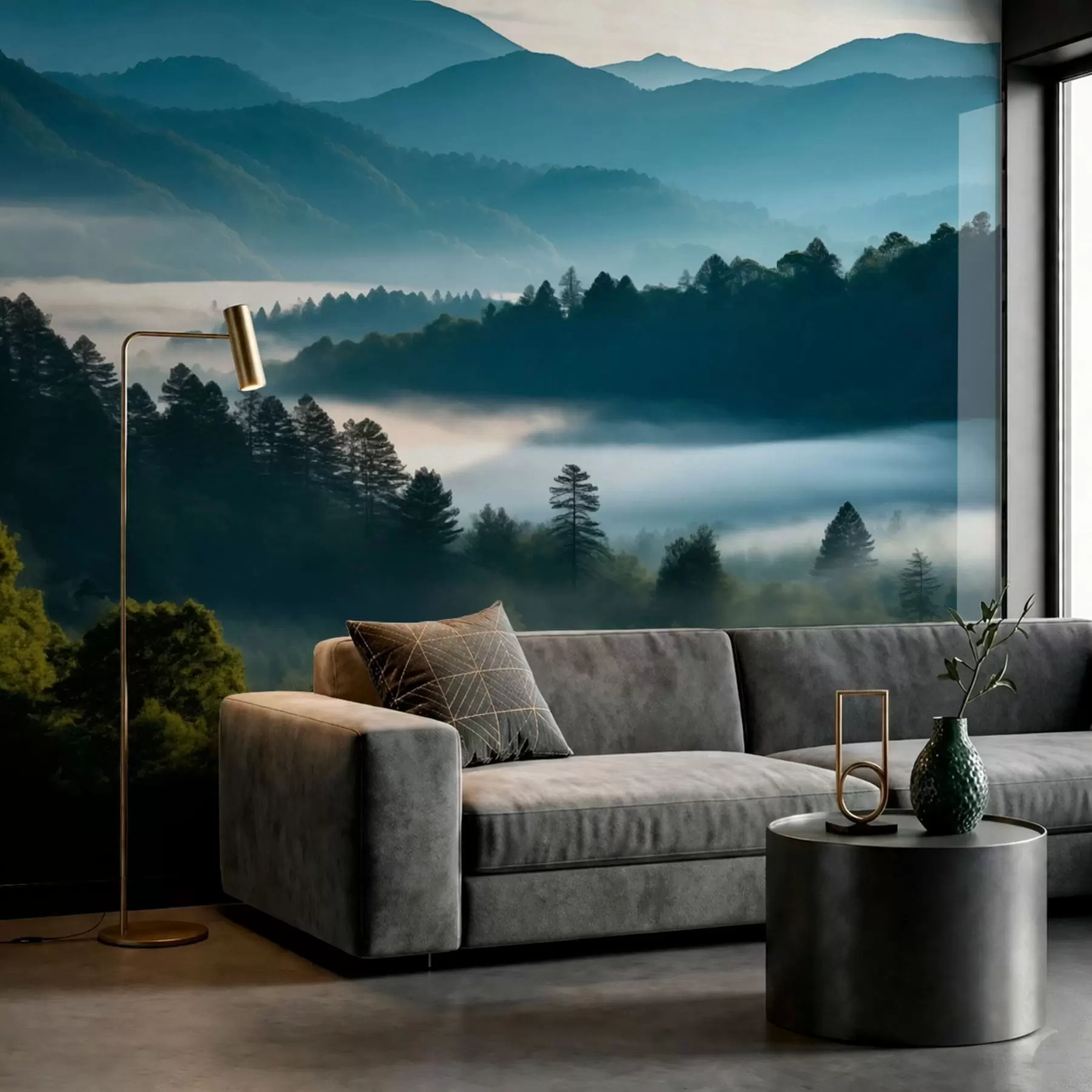 Papier peint Paysage de montagne avec brume et forêts à l'aube w05573