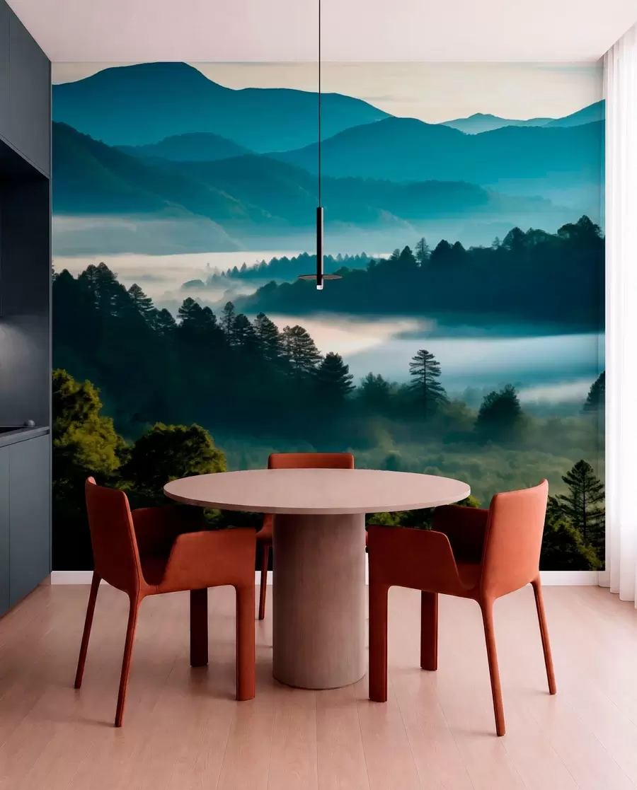 Papier peint Paysage de montagne avec brume et forêts à l'aube w05573