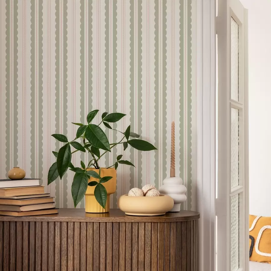 Papier peint Des rayures ondulées vert clair avec des pois orange a01185v3