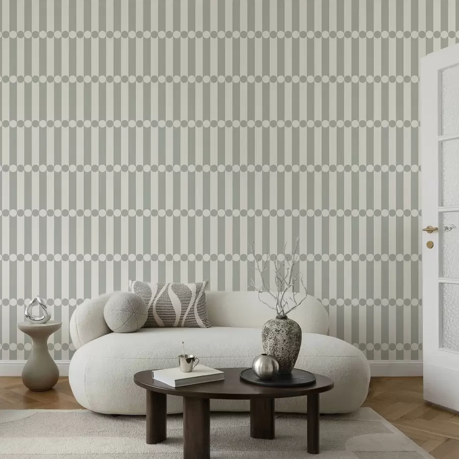 Papier peint Rayures gris-vert avec une rangée centrale de cercles a01186