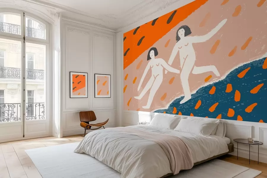 Papier peint art contemporain : deux femmes courant le long de la côte w05564