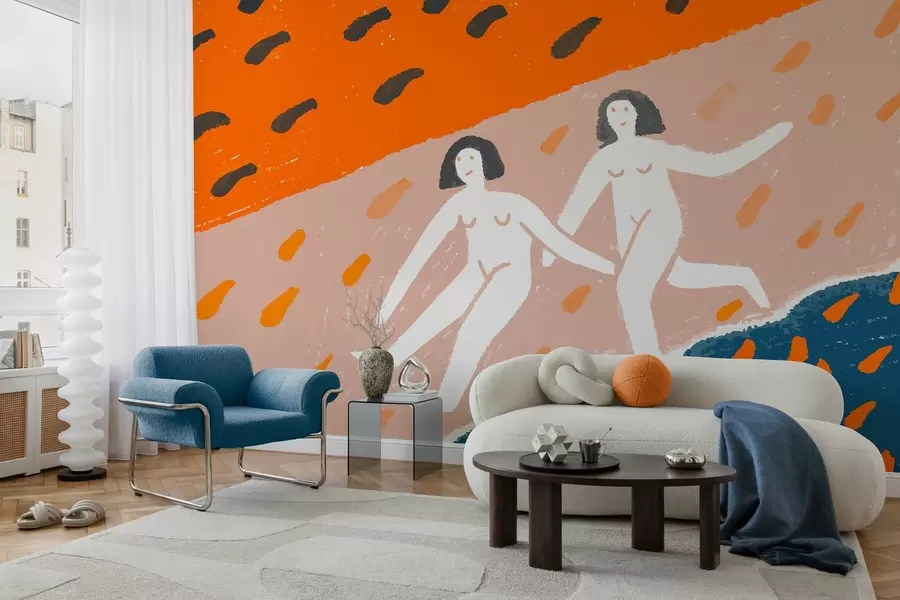 Papier peint art contemporain : deux femmes courant le long de la côte w05564