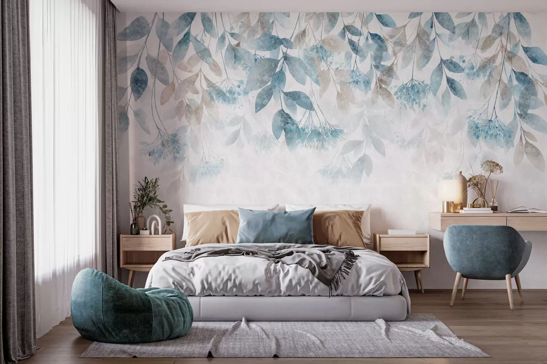 Papier peint des feuilles texturées tombant en cascade, ornées de fleurs dans des tons turquoise et beige w05565