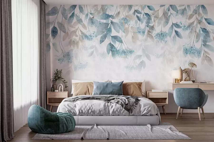 Papier peint des feuilles texturées tombant en cascade, ornées de fleurs dans des tons turquoise et beige w05565