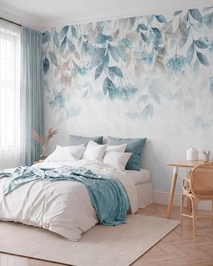 Papier peint Cascade de feuilles turquoise w05565
