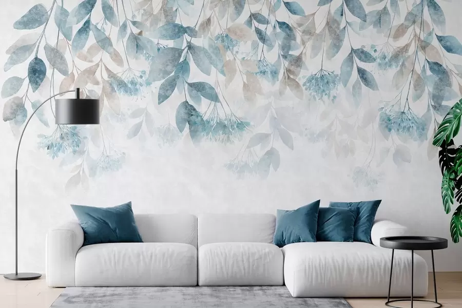 Papier peint des feuilles texturées tombant en cascade, ornées de fleurs dans des tons turquoise et beige w05565