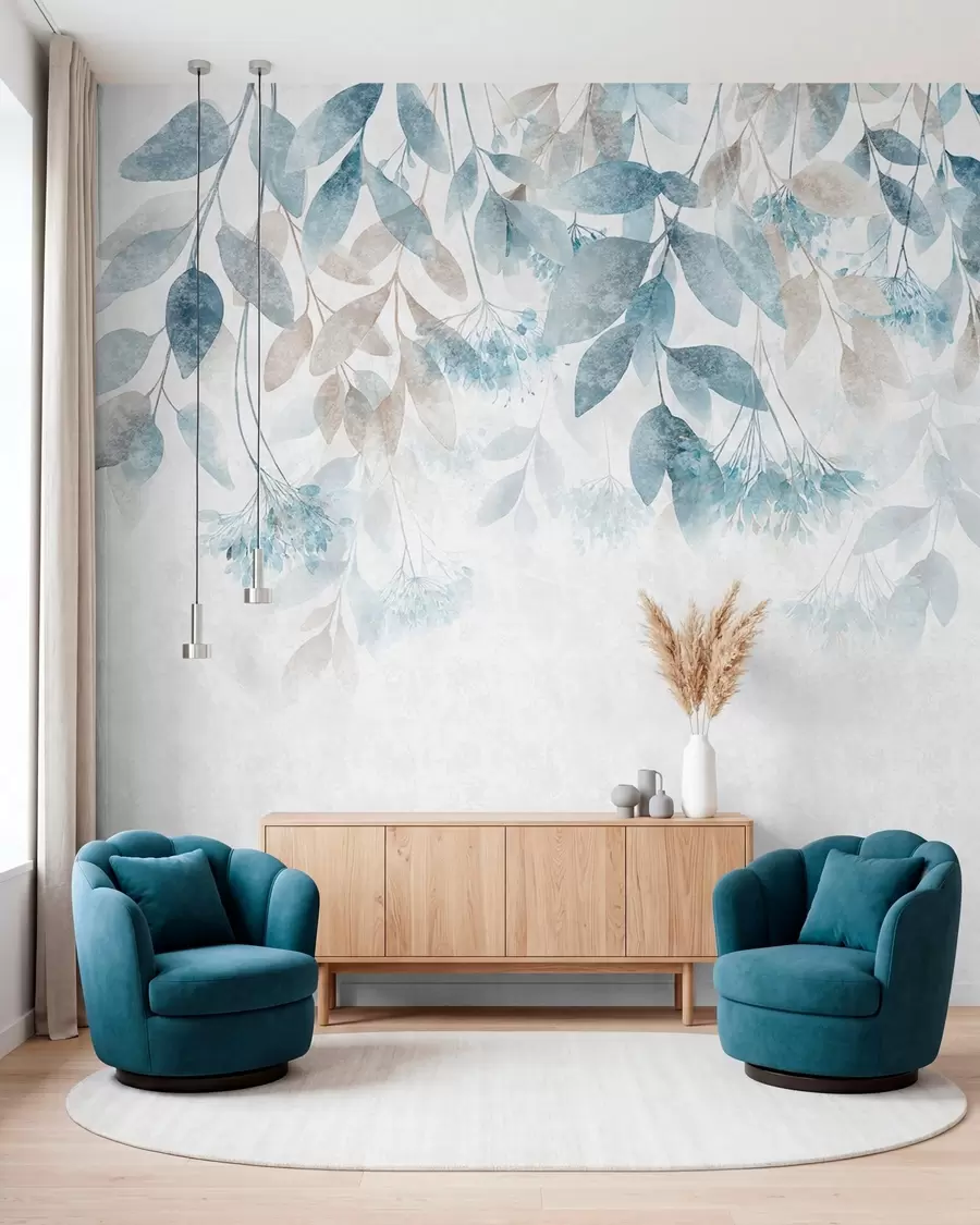 Papier peint Cascade de feuilles turquoise w05565