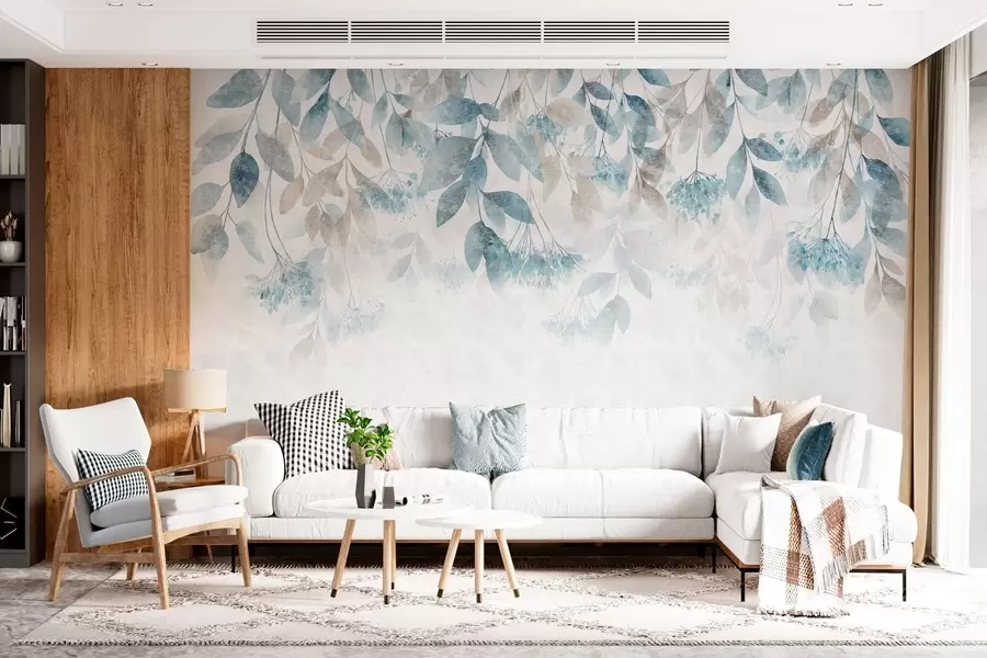 Papier peint des feuilles texturées tombant en cascade, ornées de fleurs dans des tons turquoise et beige w05565