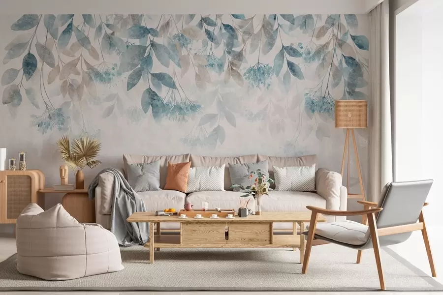 Papier peint des feuilles texturées tombant en cascade, ornées de fleurs dans des tons turquoise et beige w05565