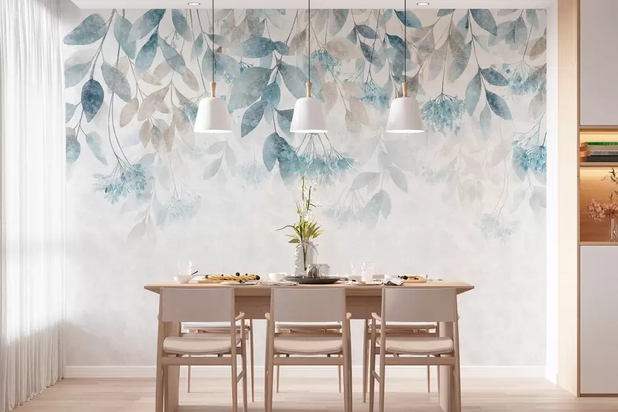 Papier peint des feuilles texturées tombant en cascade, ornées de fleurs dans des tons turquoise et beige w05565