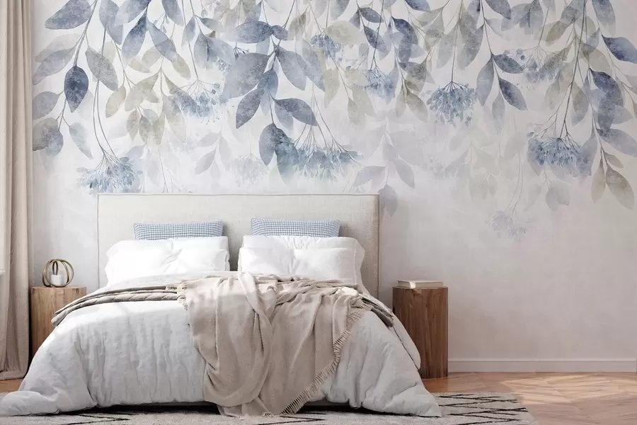Papier peint feuilles texturées en cascade, ornées de fleurs dans des tons de bleu et de beige w05565v1