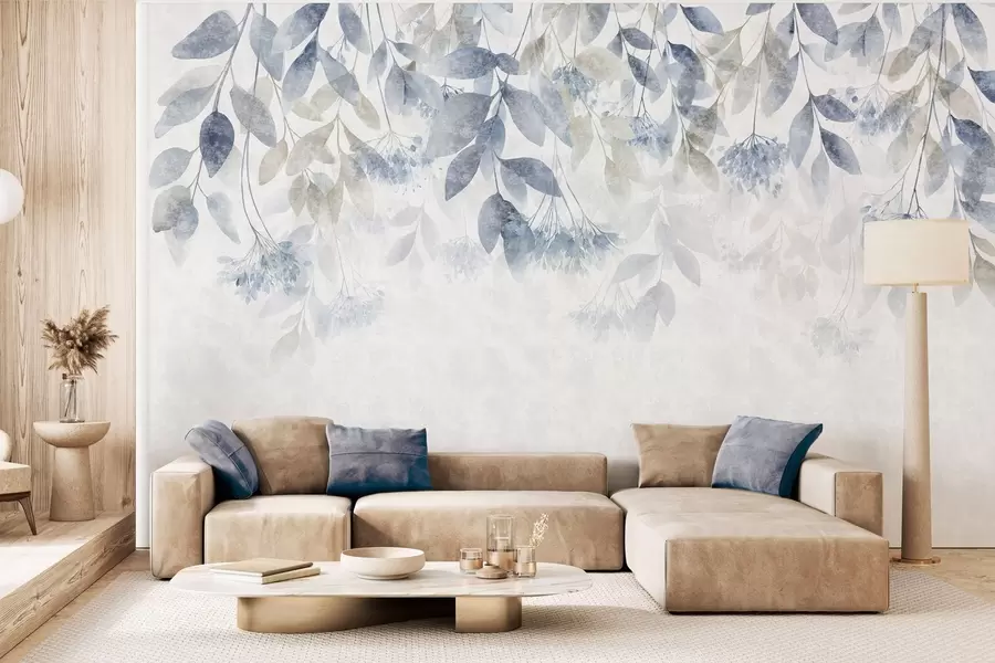 Papier peint feuilles texturées en cascade, ornées de fleurs dans des tons de bleu et de beige w05565v1