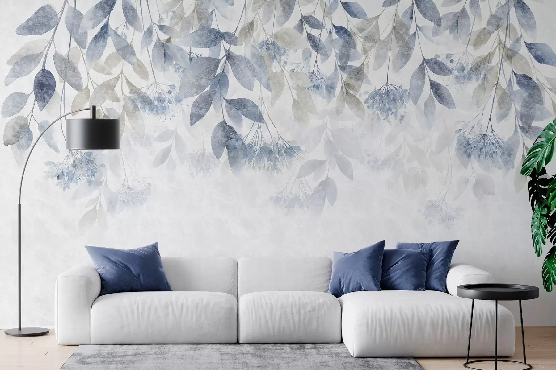Papier peint feuilles texturées en cascade, ornées de fleurs dans des tons de bleu et de beige w05565v1