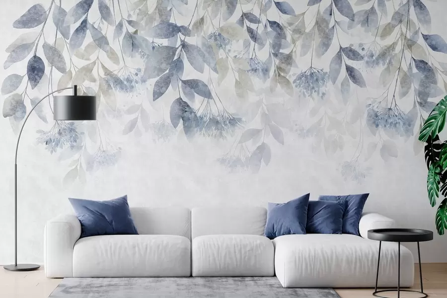 Papier peint feuilles texturées en cascade, ornées de fleurs dans des tons de bleu et de beige w05565v1
