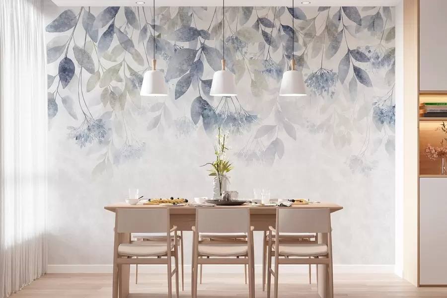Papier peint feuilles texturées en cascade, ornées de fleurs dans des tons de bleu et de beige w05565v1