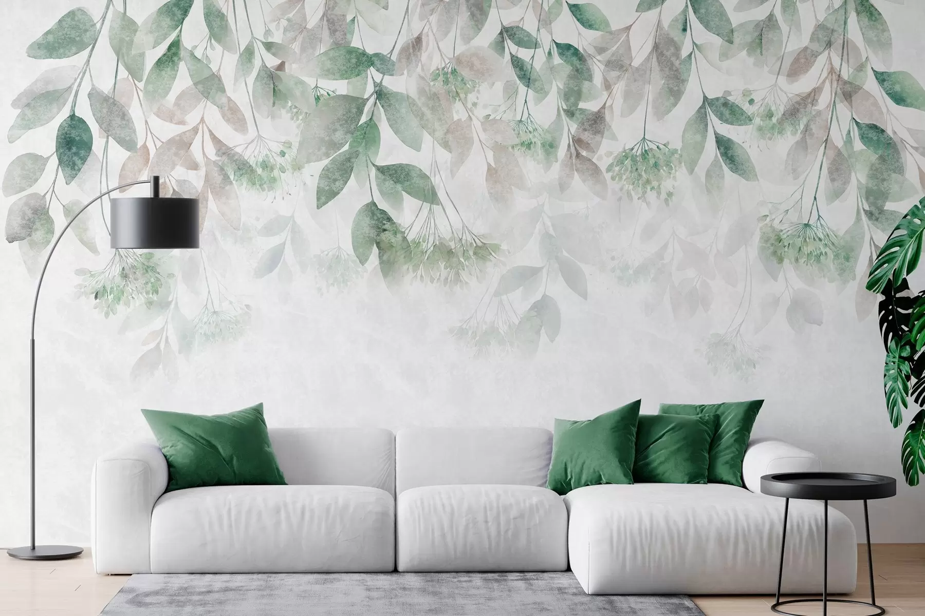 Papier peint feuilles texturées en cascade, ornées de fleurs dans des tons de vert et de beige w05565v2