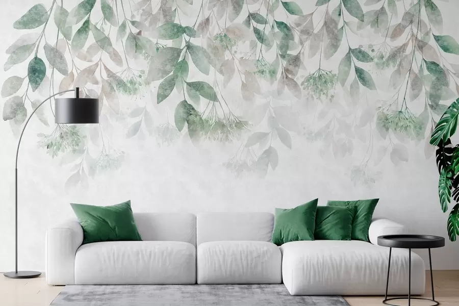Papier peint feuilles texturées en cascade, ornées de fleurs dans des tons de vert et de beige w05565v2