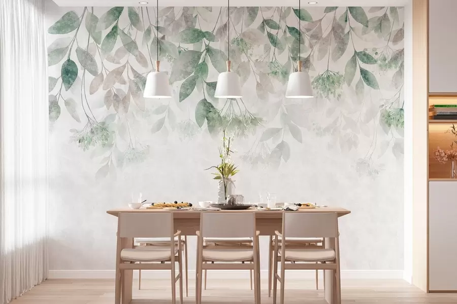 Papier peint feuilles texturées en cascade, ornées de fleurs dans des tons de vert et de beige w05565v2