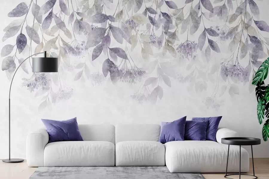 Papier peint des feuilles texturées en cascade, ornées de fleurs dans des tons de violet et de beige w05565v3