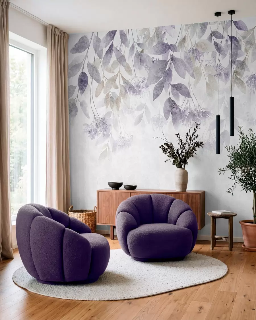 Papier peint des feuilles texturées en cascade, ornées de fleurs dans des tons de violet et de beige w05565v3