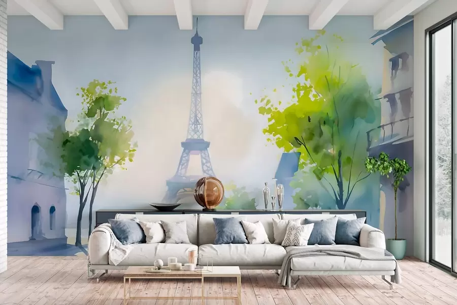 Papier peint Paris, un paysage urbain dans un style aquarelle à la prima w05566