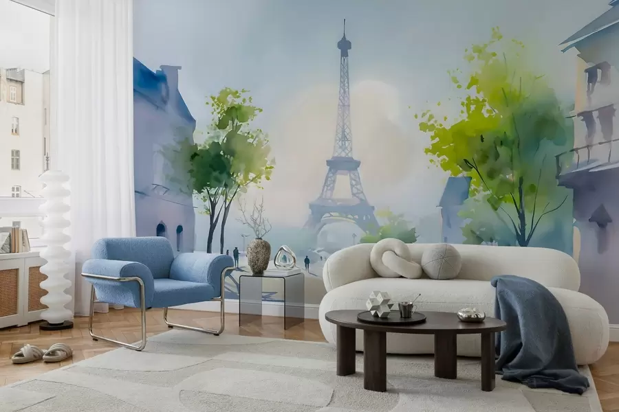Papier peint Paris, un paysage urbain dans un style aquarelle à la prima w05566
