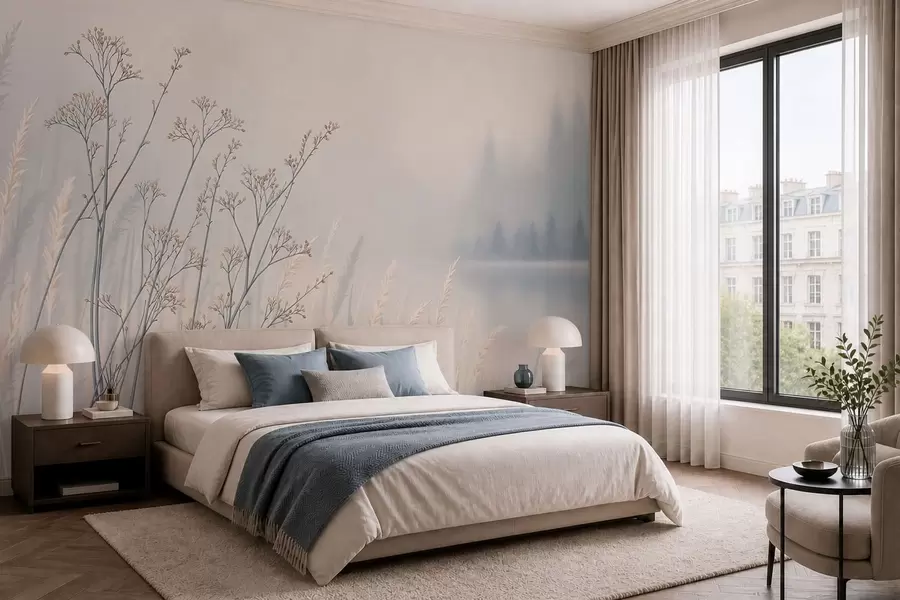 Papier peint Herbes des prés au bord de l'eau dans un paysage brumeux w05534