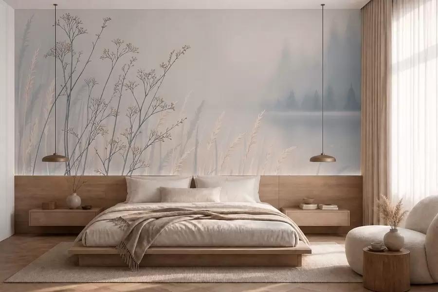 Papier peint Herbes des prés au bord de l'eau dans un paysage brumeux w05534