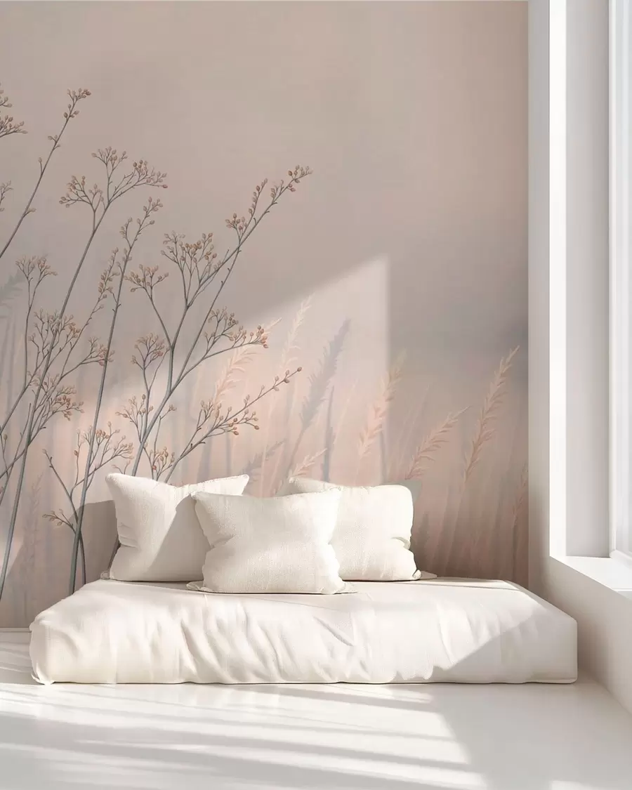 Papier peint Herbes des prés au bord de l'eau dans un paysage brumeux w05534