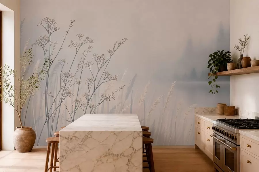 Papier peint Herbes des prés au bord de l'eau dans un paysage brumeux w05534