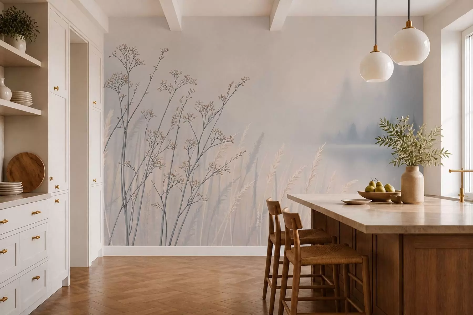 Papier peint Herbes des prés au bord de l'eau dans un paysage brumeux w05534