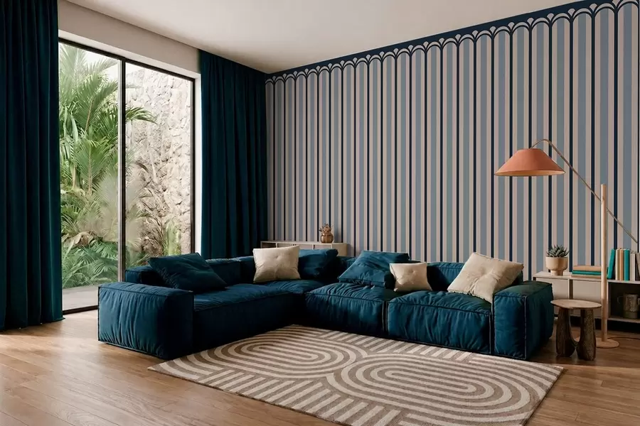 Papier peint Ornement vertical dans des tons crème et bleu w05610