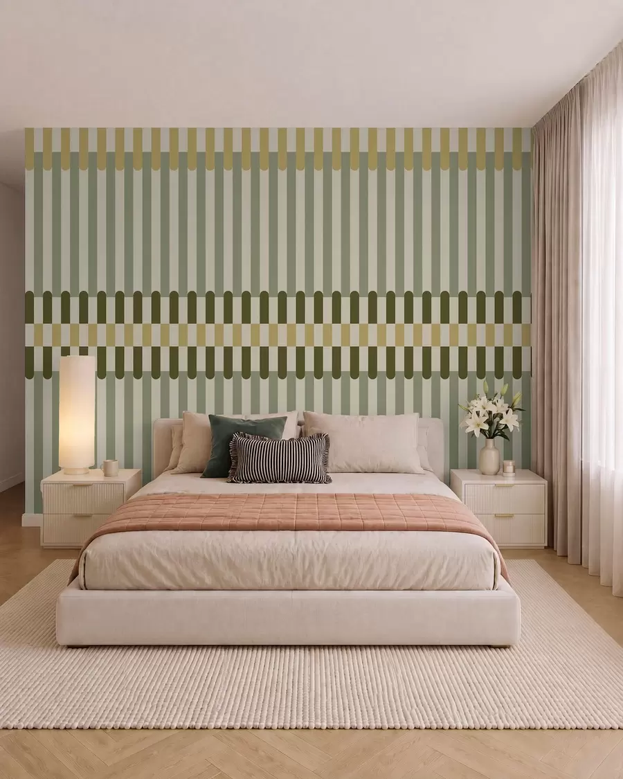 Papier peint Motif rayé dans des tons verts et sable w05150