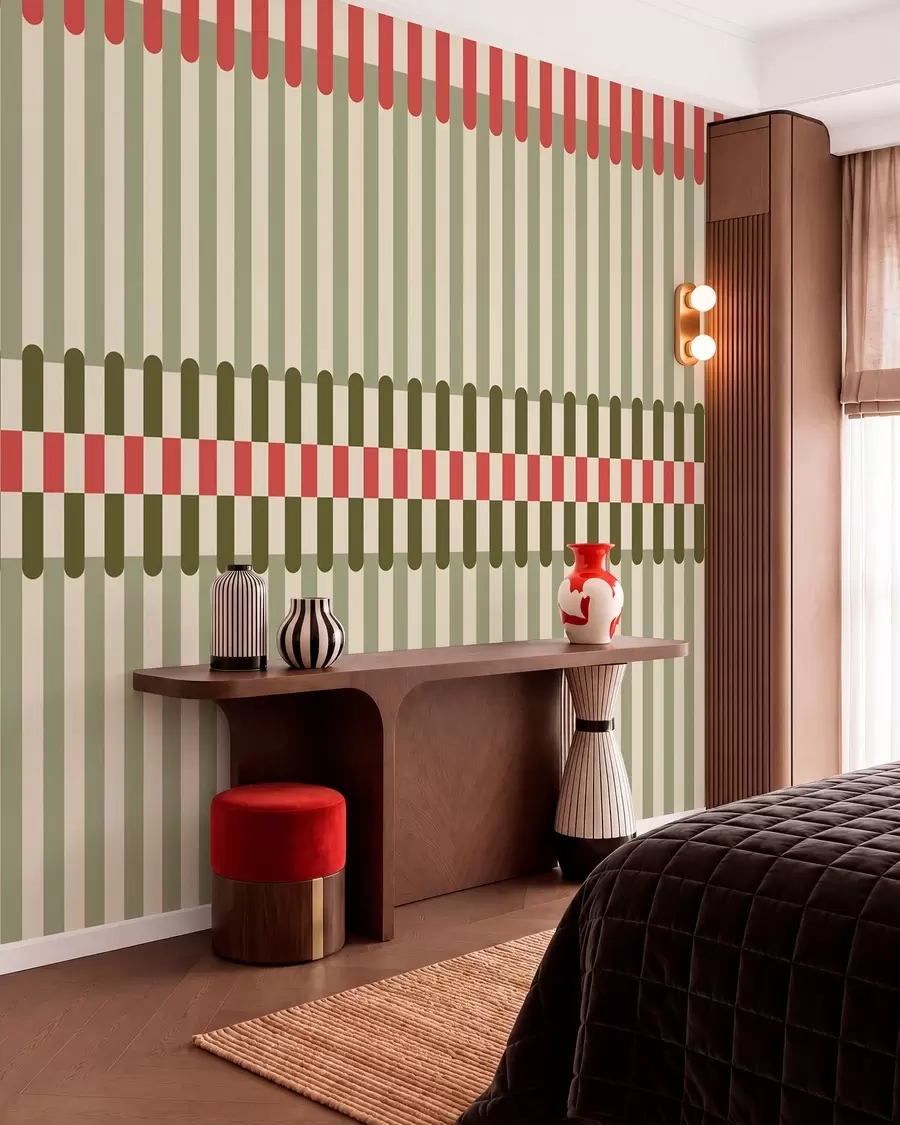 Papier peint Motif rayé dans des tons verts et corail w05150v4
