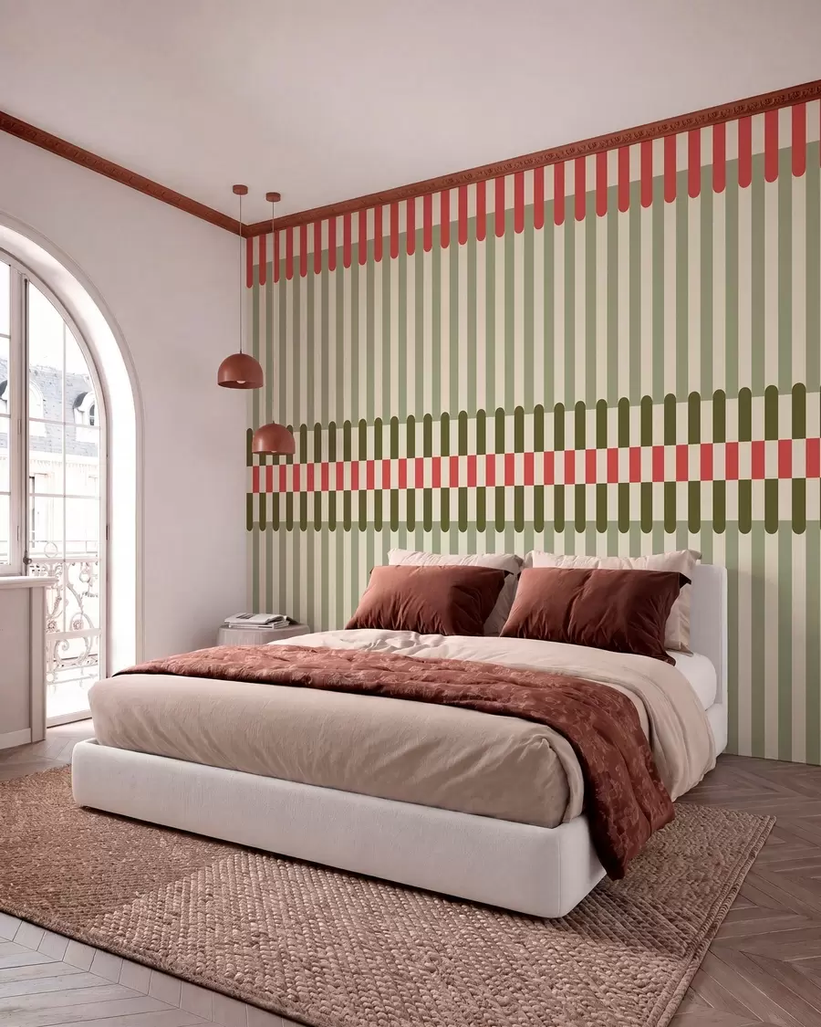 Papier peint Motif rayé dans des tons verts et corail w05150v4
