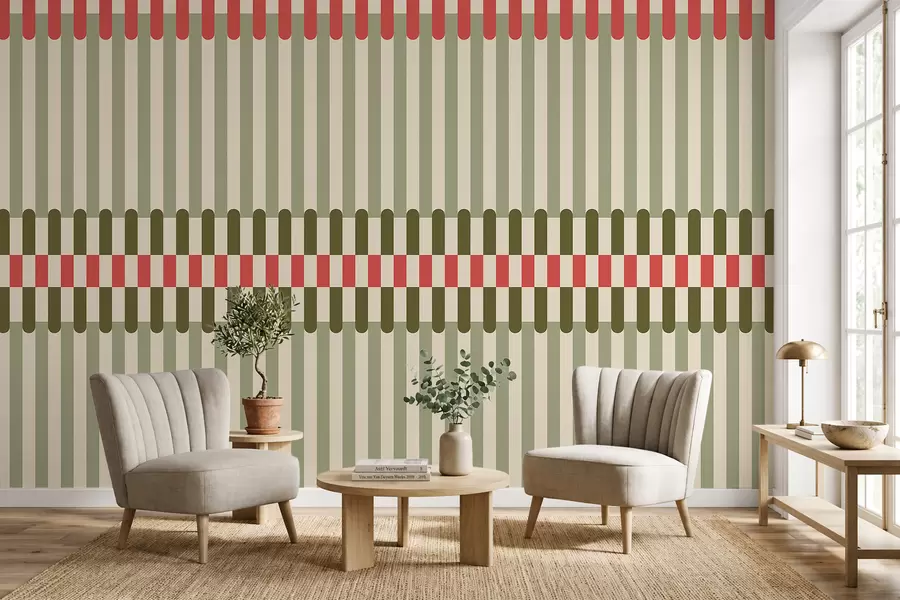 Papier peint Motif rayé dans des tons verts et corail w05150v4