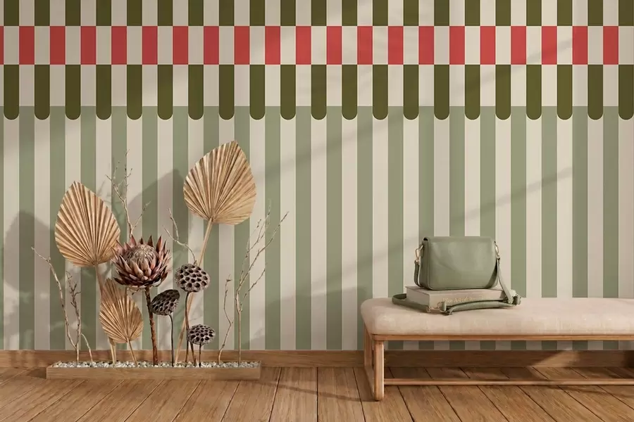 Papier peint Motif rayé dans des tons verts et corail w05150v4