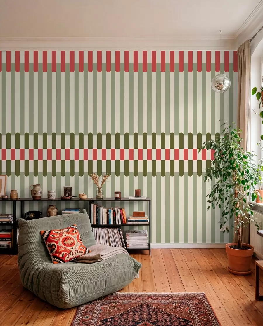 Papier peint Motif rayé dans des tons verts et corail w05150v4