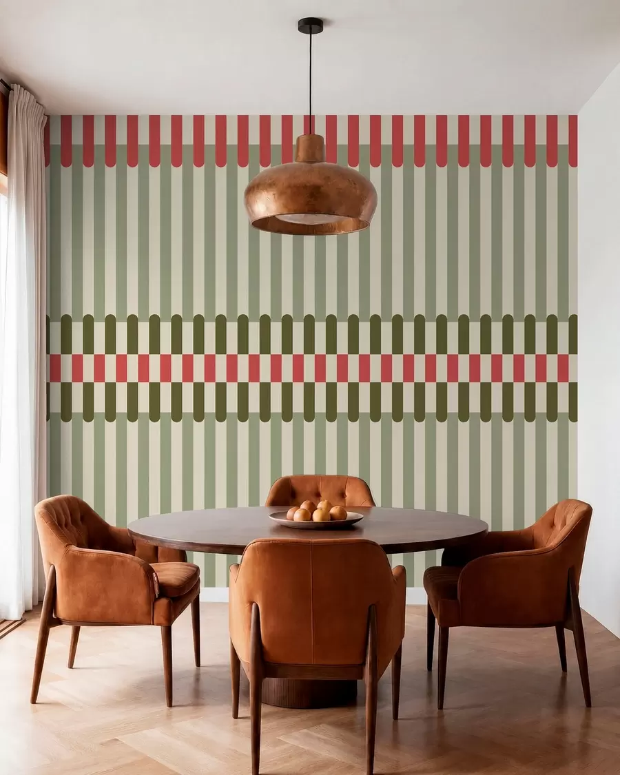 Papier peint Motif rayé dans des tons verts et corail w05150v4