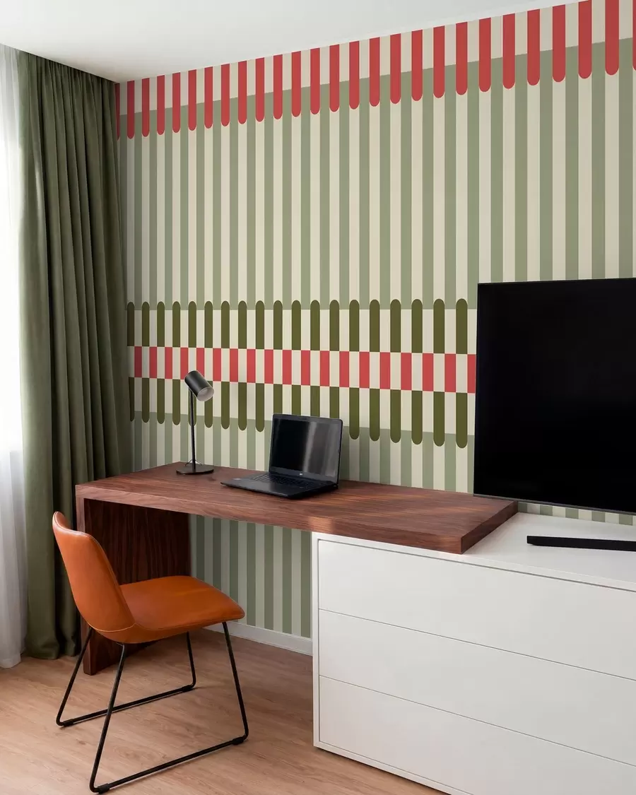 Papier peint Motif rayé dans des tons verts et corail w05150v4