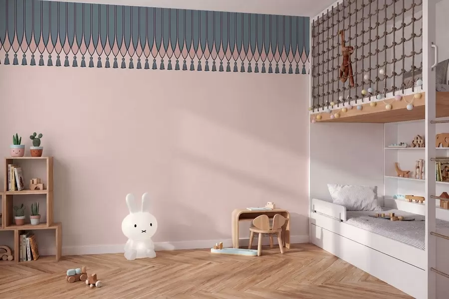 Papier peint Bordure décorative avec des pompons dans les tons roses et bleus w05544