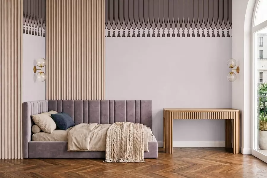 Papier peint Bordure décorative avec des pompons dans les tons lilas w05544v1