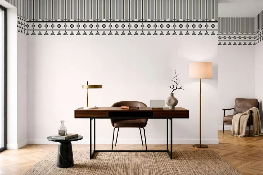 Papier peint Bordure décorative avec des pompons dans des tons verts et gris w05544v2