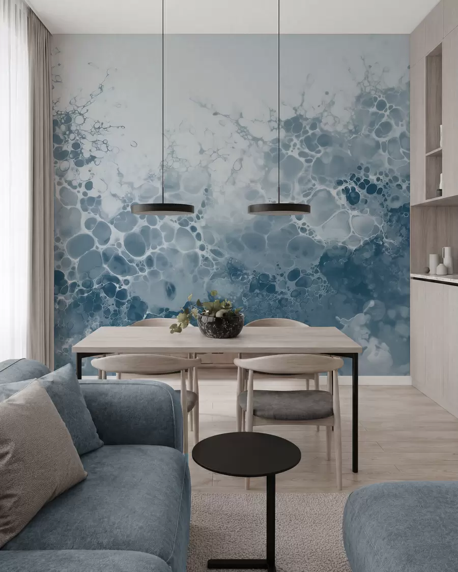 Papier peint Une abstraction bleue aérienne avec des bulles, dans un style aquarelle w09673